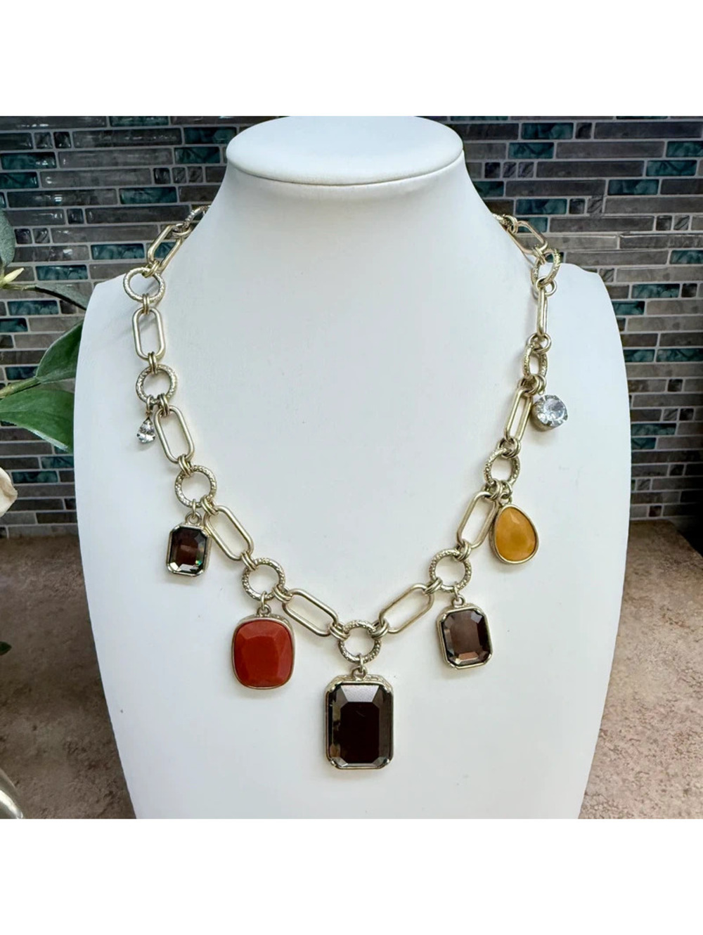 Vintage Lia Sophia Capulet Statement Charm Necklace Autumn Tone Crystals